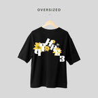 4three oversized black t-shirt back view with sunflower graphic