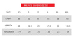 Men's oversized clothing size chart with chest, length, and shoulder measurements.