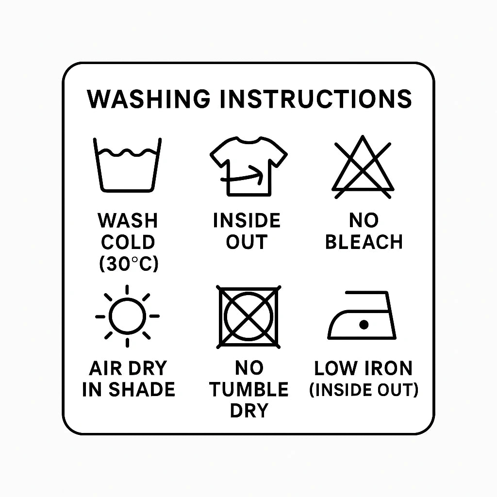 Washing and care instructions for 4three oversized cotton t-shirts with symbols
