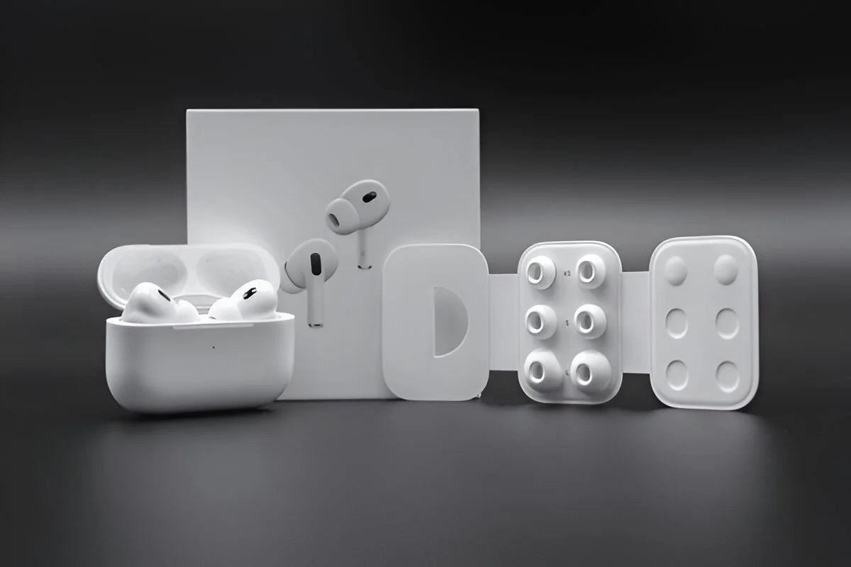 Replica AerPods Pro earbuds in open wireless charging case with ANC feature