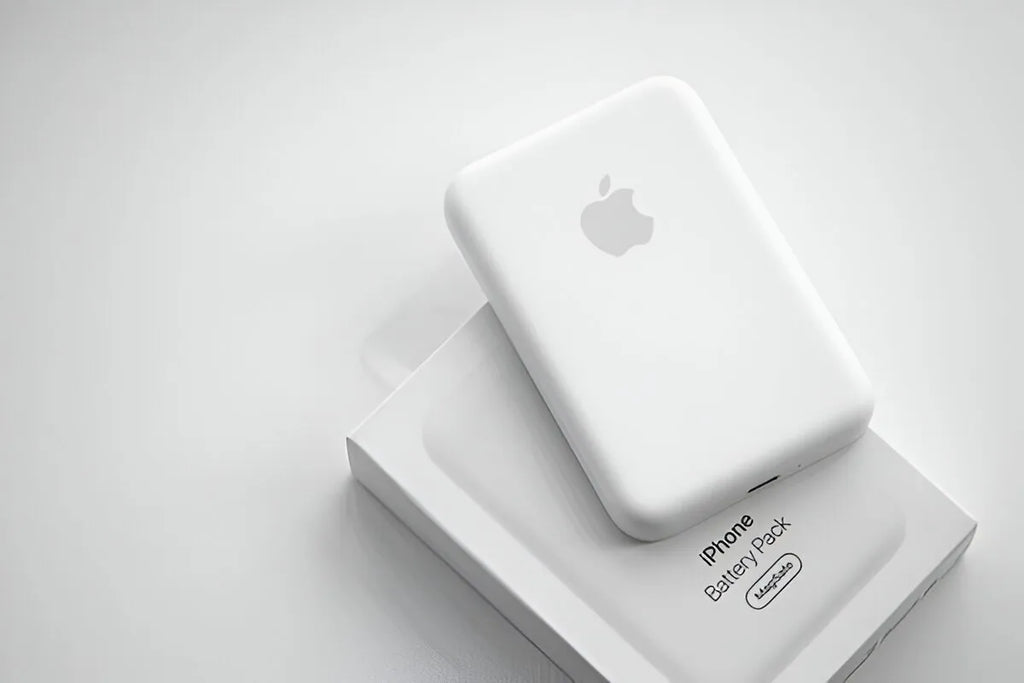Portable 5000mAh MagSafe battery pack attached to iPhone 14